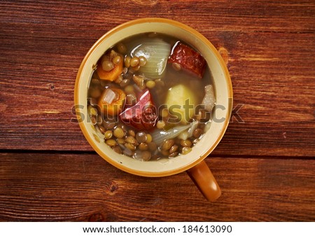 lentejas con chorizo.Spanish cuisine. Stewed lentils with red sausage.