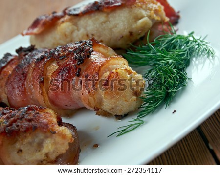 Slavink -  Dutch meat dish.consisting of ground meat called  half beef, half pork wrapped in bacon