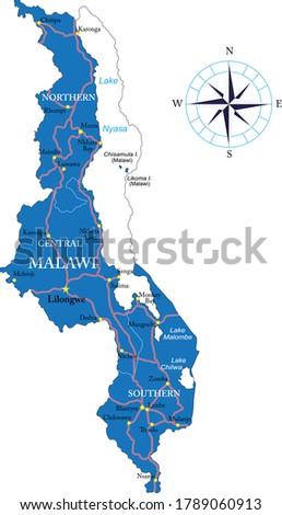 Malawi highly detailed political map