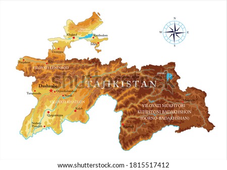 Tajikistan physical map ,in vector format,with all the relief forms,regions and big cities.