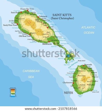 Saint Kitts and Nevis highly detailed physical map