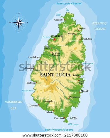 Saint Lucia island highly detailed physical map