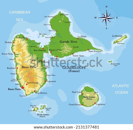Guadeloupe islands highly detailed physical map
