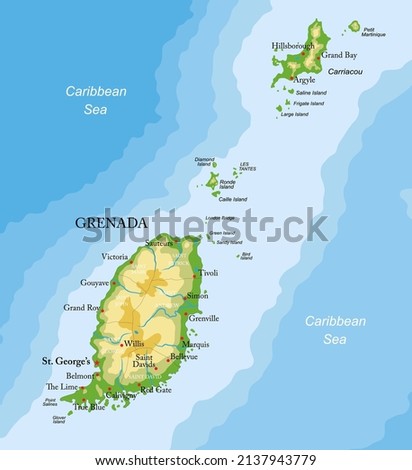 Grenada islands highly detailed physical map