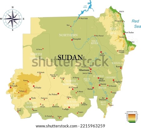 Sudan highly detailed physical map