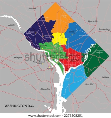 Washington D.C. map with all 8 wards and surrounding area