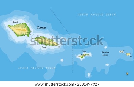 Samoa and American Samoa highly detailed physical map