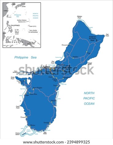 Guam island highly detailed political map