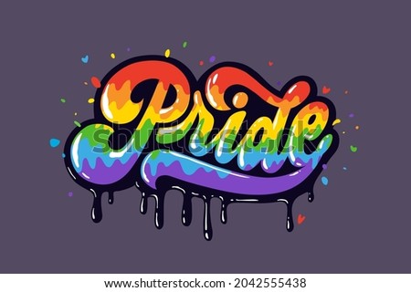 Rainbow colored inscription “Pride”. Hand drawn LGBT Pride month illustration.