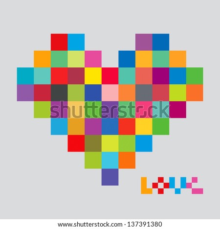 Heart of color pixels. Heart bit. Pixel art. Love.