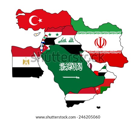 Flag map of the middle east. The middle east with each country colored in with its map.