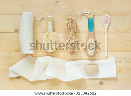 SPA accessories.\
Loofah, Palm Body Brush made from the fibers of the Japanese palm plant, Raffia, Massage Brush, Exfoliating Hydro Towel, Bath Salt and Soap.