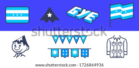 Ecuador, Guayaquil line icon set. Included the icons as pennant, guayabera traditional shirt, juan pueblo, banner and flags. GYE 3D icon, pueblo hay, star flags. Vector illustration symbol. Guayas.