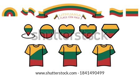 Big set of label, stickers, pointer, badge, symbol and page curl with Lithuania flag icon on design element. Collection vector illustration. Isolated on white background.