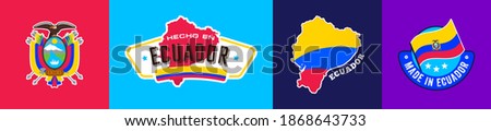Ecuador national flag and shield, icons set, sticker, made in Ecuador, map, vector illustration, symbol, sign, collection, latin america, silhouette, symbolic, emblem, identity, nation.  