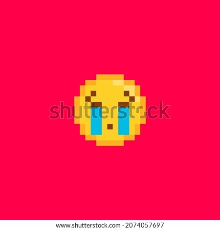 Pixel art crying emoji icon. Retro pixel emoticon of loudly crying face smiley. Cute sad cartoon kawaii vector social media smile icon.