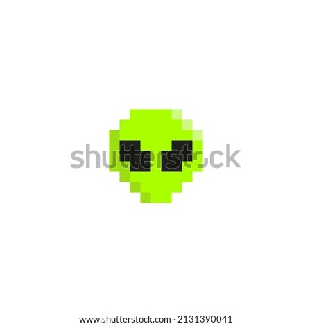 Pixel art green and gray cartoon alien character. 8 bit pixel alien. vector illustration. UFO. Creature. Face. Cartoon. 