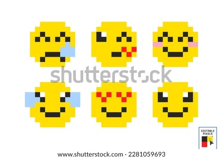 Cute pixel valentine icons: heart, emoji in love, gift and teddy bear. Smile icons. Isolated pixel art vector illustration on white background