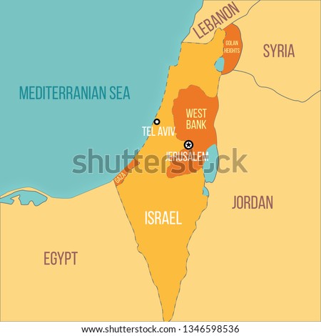 Vector map of Israel including Egypt, Syria, Lebanon, Jordan, Jerusalem, Tel Aviv, West Bank, Gaza and Golan Heights regions