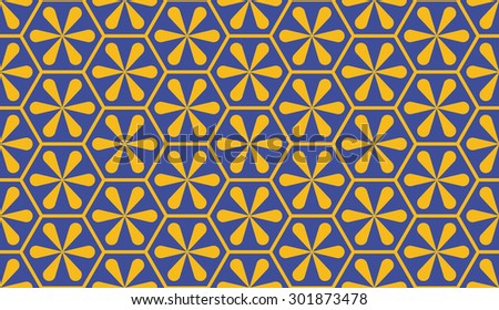 Seamless blue and yellow asian hexagonal floral pattern