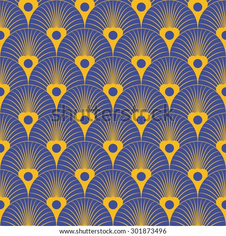 Seamless bauhaus blue and yellow art deco floral overlaying pattern