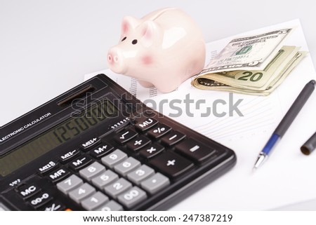 Business Charts with calculator, dollars money, piggy box / money box and pen on white background