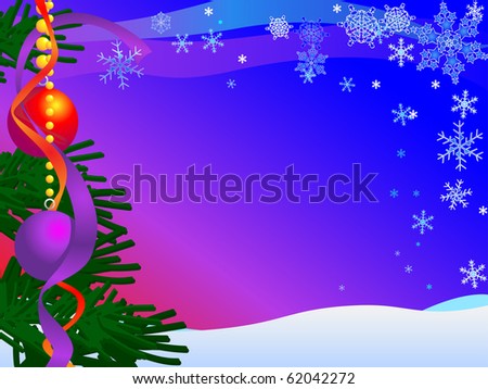 Christmas Card Illustration with snow, sky, snow, snowflakes, baubles and tree : Shutterstock