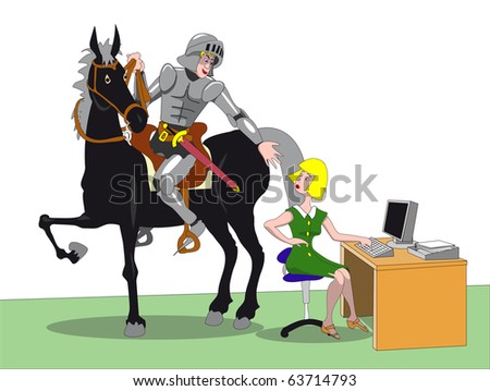 A shining knight on a charger rescues an office worker on press of the Escape Key : Shutterstock