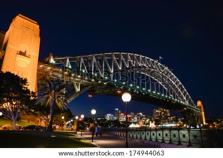 Sydney's Habour Bridge in the evening viewed from the south of the bay. Sydney, New South Wales, Australia.