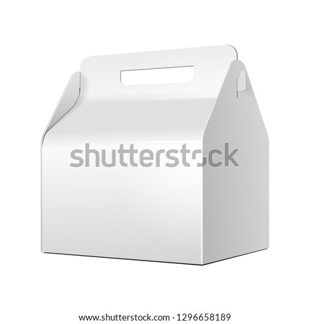 Mockup Cardboard Carry Packaging Box For Fast Food Meal, Candy, Cookies, Gift Or Other Products. Illustration Isolated On White Background. Mock Up Template Ready For Your Design. Vector EPS10