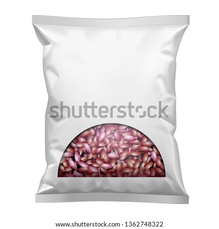 Mockup Blank Foil Or Paper Food Stand Up Pouch Snack Sachet  Full Bag Packaging With Window And Beans, Nuts. Vegan Food. Front View. Illustration Isolated On White Background. Mock Up. Vector EPS10