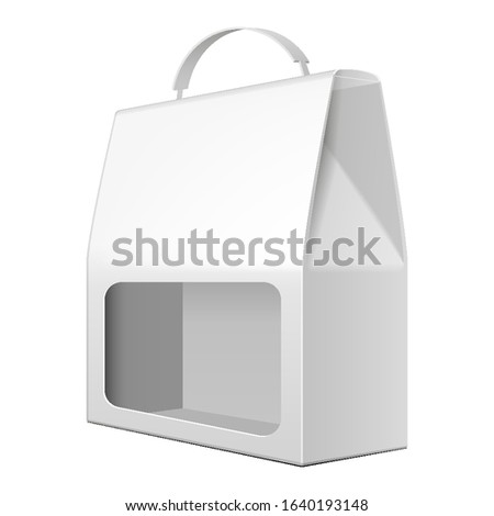 Mockup Cardboard Packaging Box For Fast Food Meal, Candy, Cookies, Gift Or Other Products With Window, Handle. Illustration Isolated On White Background. Mock Up Template Ready For Your Design. 