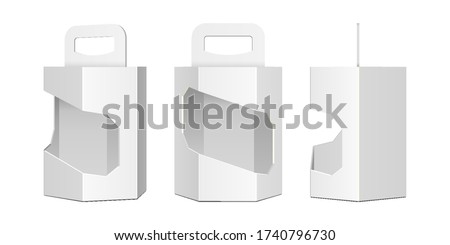 Mockup Cardboard Packaging Set Of Box For Fast Food Meal, Candy, Cookies, Gift Or Other Products With Window And Handle. Illustration Isolated On White Background. Mock Up Template.