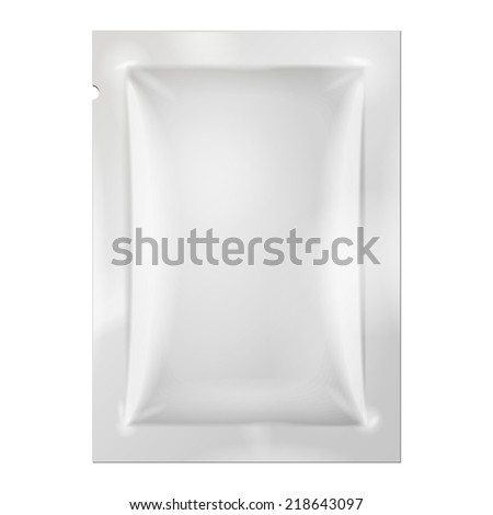 White Long Blank Foil Packaging Medicine Drugs Or Coffee, Salt, Sugar, Pepper, Spices, Sachet, Sweets, Candy Or Condom. Plastic Pack Ready For Your Design. Snack Product Vector. 