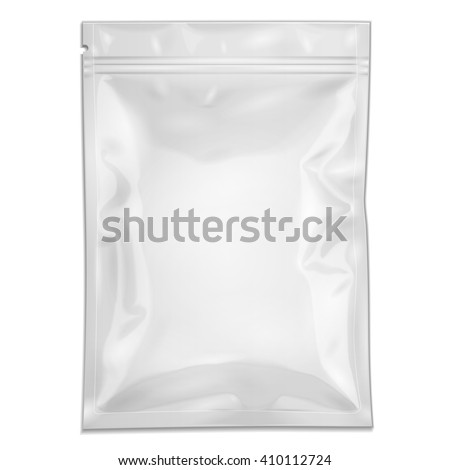 Mockup Blank Filled Retort Foil Pouch Bag Packaging With Zipper. For Medicine Drugs Or Food Product. Illustration Isolated On White Background. Mock Up Template Ready For Your Design. Vector EPS10