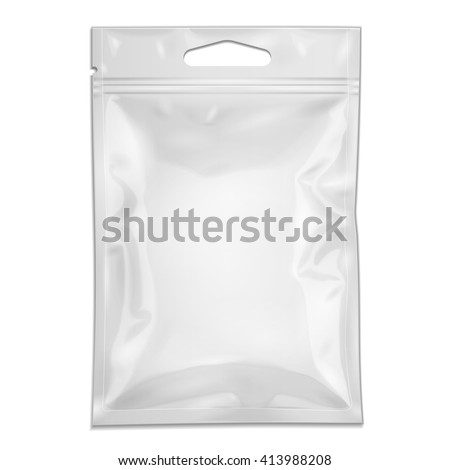 White Blank Filled Retort Foil Pouch Bag Packaging With Zipper, Hang Slot. Medicine Drugs Or Food Product. Illustration Isolated On White Background. Mock Up Template Ready For Your Design. Vector 