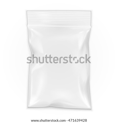 Blank Flat Poly Clear Bag Filled Plastic Polyethylene Pouch Packaging With Zipper, Ziplock. Illustration Isolated On White Background. Mock Up Template. Ready For Your Design. Vector EPS10