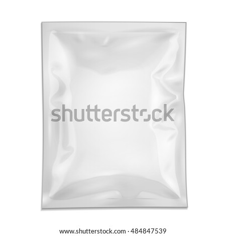 Blank Filled Retort Foil Flexible Pouch Bag Packaging. For Medicine Drugs Or Food Product. Illustration Isolated On White Background. Mock Up Template Ready For Your Design. Vector EPS10