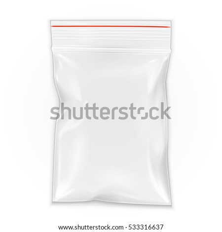 Mockup Blank Flat Poly Clear Bag Filled Plastic Polyethylene Pouch Packaging With Zipper, Ziplock. Illustration Isolated On White Background. Mock Up Template. Ready For Your Design. Vector EPS10