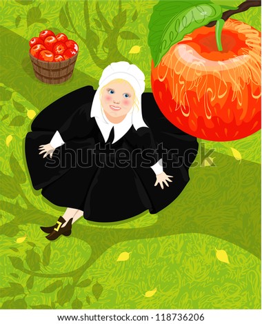 Pilgrim kid looking at an apple