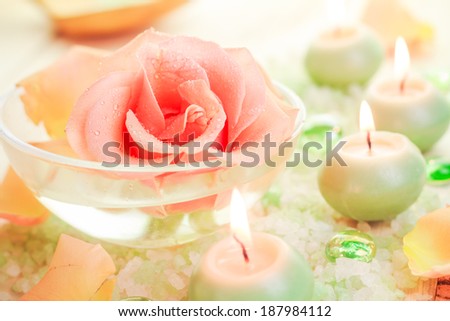 Spa components - rose flower, bath salt and aromatic candles