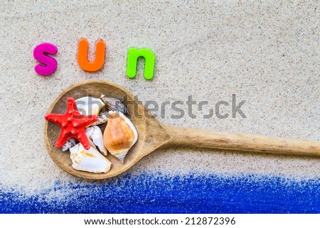 The word sun laid sand and blue board