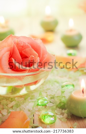 Spa components - rose flower, bath salt and aromatic candles