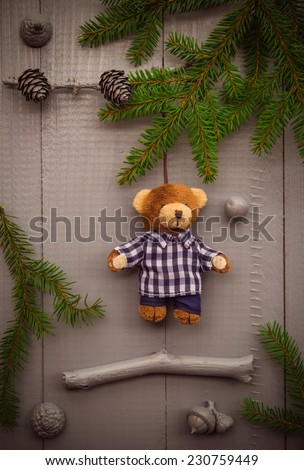 Christmas setting: the composition of the gifts of the forest and teddy bear