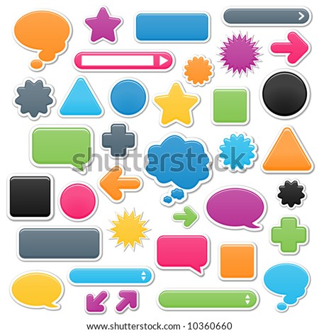 Collection of brightly colored, smooth web elements including: arrows, search bars, speech and thought bubbles. Perfect for adding your own text or icons. Blends used to create drop shadow effect.