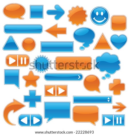 Collection of glossy, glowing web buttons and icons, in bright blue and orange.