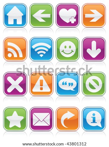 Collection of web/computer symbols on glossy, vibrantly-colored squares