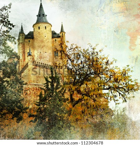 medieval castle Alcazar, Segovia,Spain- picture in painting style
