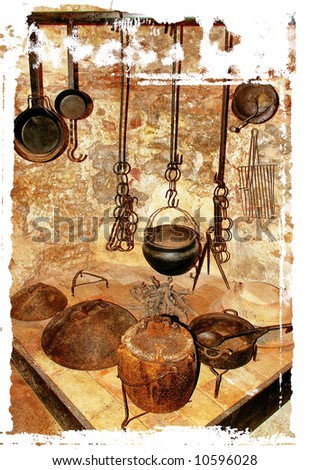 fireplace with dishware - in ancient mediterranean house