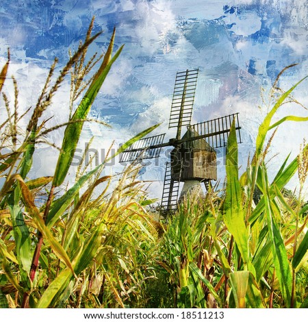 windmill in corn field - artwork in painting style